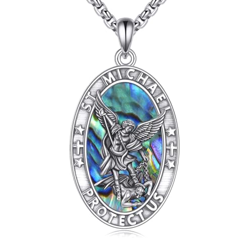 DAYLINLOVE Heiligem Michael Kette 925er Sterling Silber St Michael Abalone Muschel Anhänger Halskette Christlich Religiös Katholisch Schmuckgeschenke für Damen Frauen Männer von DAYLINLOVE