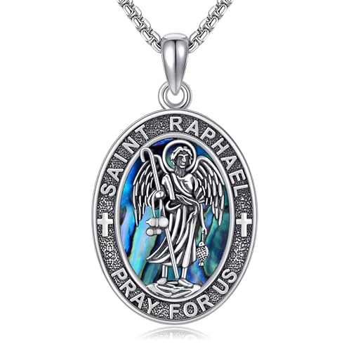 DAYLINLOVE Heiligem Raphael Kette 925 Sterling Silber Der Heilige Erzengel Raphael Abalone Muschel Anhänger Halskette Christliches Religiöses Amulett Katholische Medaillons Schmuck für Damen Herren von DAYLINLOVE