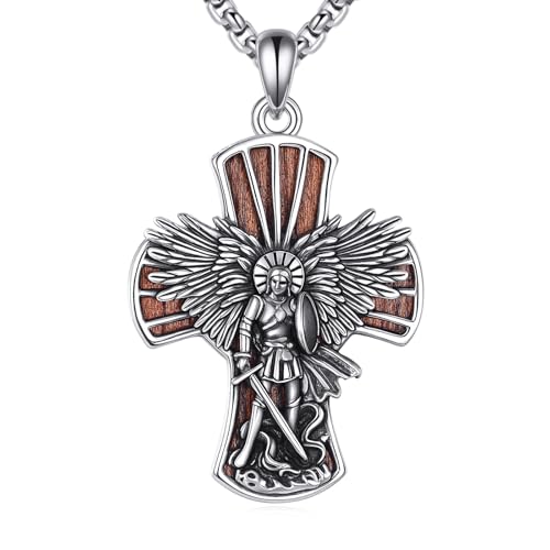 DAYLINLOVE Heiliger Michael Kette 925er Sterling Silber St Michael Holz Kreuz Anhänger Kette Katholisch Religiös Christlich Schmuckgeschenke für Damen Männer von DAYLINLOVE
