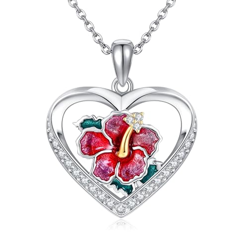 DAYLINLOVE Hibiskus Halskette 925 Sterling Silber Blume Schmuck für Frauen Mutter Geschenke Hibiskus Liebhaber Geburtstag Weihnachten Geschenke von DAYLINLOVE