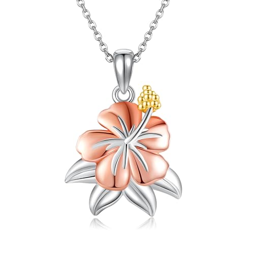 DAYLINLOVE Hibiskus Halskette 925 Sterling Silber Hawaiian Blume Halskette Mutter Geburtstag Weihnachtsschmuck Geschenke für Frauen von DAYLINLOVE