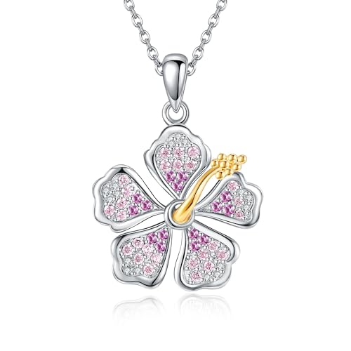 DAYLINLOVE Hibiskus Kette 925er Sterling Silber Rosa Hibiskusblüten Anhänger Halskette Hawaiianischer Tropischer Schmuck Geschenk für Damen Mädchen Frauen Mutter Hibiskus Liebhaber von DAYLINLOVE