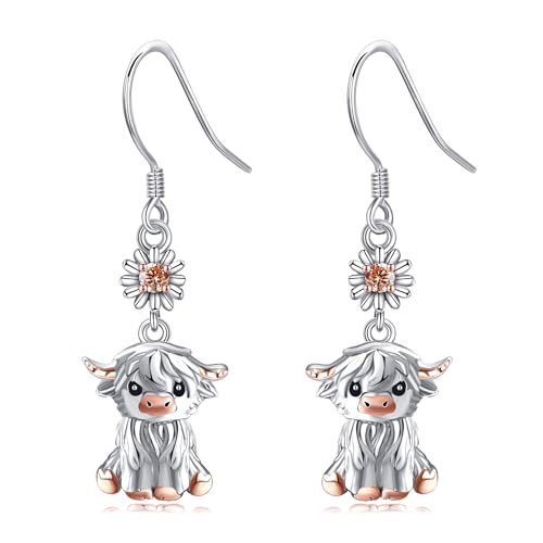 DAYLINLOVE Highland Kuh Ohrringe 925 Sterling Silber Gänseblümchen Hängend Ohrringe Tier Schmuck für Damen Mädchen Hochlandrind Liebhaber von DAYLINLOVE