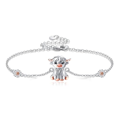 DAYLINLOVE Hochlandkuh Armband 925er Sterling Silber Gänseblümchen Armband Hochlandrind Schmuck Geschenke für Damen Mädchen von DAYLINLOVE