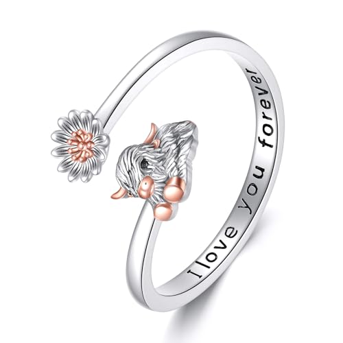 DAYLINLOVE Hochlandkuh-Ring S925 Sterlingsilber Verstellbarer Highland Cow Offener Ringe Highlands Cows Schmuck Geschenk für Frauen Mutter Ehefrau von DAYLINLOVE
