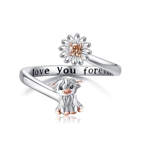DAYLINLOVE Hochlandrind Ring 925er Sterling Silber Gänseblümchen Hochlandkuh Verstellbar Offener Daumen Ring Tier Blumen Schmuck Geschenk für Damen Mädchen Frauen Mutter Liebhaber Von Hochlandkühen von DAYLINLOVE
