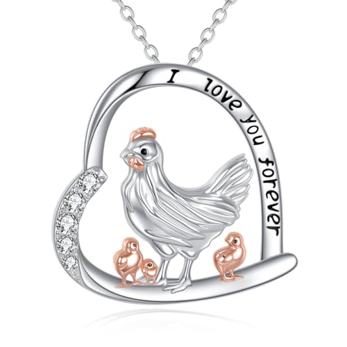 DAYLINLOVE Huhn Kette 925er Sterling Silber Henne Mutter Tochter Herzform Anhänger Kette Bauernhof Huhn Schmuckgeschenke für Damen Frauen Mädchen Mama Oma von DAYLINLOVE