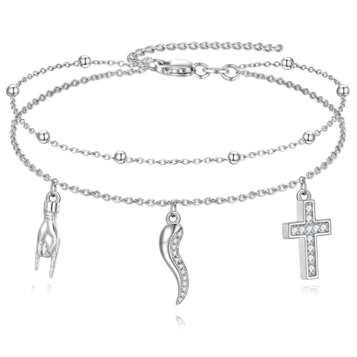 DAYLINLOVE Italienischer Horn Hand Fußkette 925 Sterling Silber Cornicello und Mano Cornuto Schichtfußkette Italienisches Glück Schutzamulett Schmuck für Frauen Geschenke von DAYLINLOVE