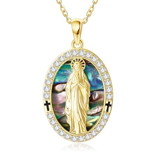DAYLINLOVE Jungfrau Maria Kette 925er Sterling Silber Halskette Ovalem Anhänger Abalone Muschel Guadalupe Jungfrau Maria Christliche Religiöser Schmuck Geschenk für Damen Mädchen Frauen Mutter von DAYLINLOVE