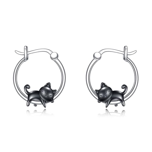 DAYLINLOVE Katze Ohrringe 925 Sterling Silber Schwarz Katze Creolen Ohrringe Nette Tier Schmuck Geschenke für Damen Frauen von DAYLINLOVE