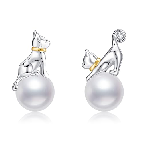 Katze Ohrringe S925 Sterling Silber 8MM Perlenohrringe Niedliche Katze Ohrstecker Weiß Perlenschmuck Geschenk für Katzenliebhaber Frauen von DAYLINLOVE
