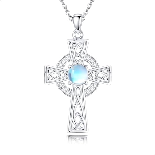 DAYLINLOVE Keltisches Kreuz Kette 925 Sterling Silber Mondstein Keltischer Knoten Anhänger Halskette Irischer Keltischer Schmuck Geburtstags Geschenke für Damen Frauen Mädchen Mutter von DAYLINLOVE