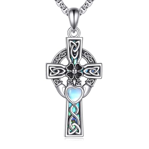 DAYLINLOVE Keltisches Kreuz Kette 925er Sterling Silber Vierblättriges Kleeblatt Claddagh Anhänger Kette Keltisch Irisch Schmuckgeschenke für Damen Männer von DAYLINLOVE