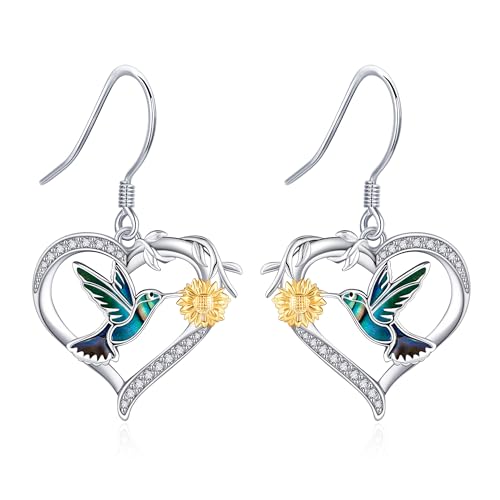 DAYLINLOVE Kolibri Ohrringe 925 Sterling Silber Abalone Shell Kolibri und Sonnenblumen Ohrringe Drop Vogel Schmuck Geschenke für Frauen von DAYLINLOVE