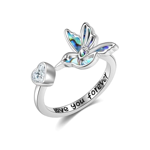 DAYLINLOVE Kolibri Ring 925er Sterlingsilber Abalone Muschel Kolibri Herz Verstellbarer Offener Daumenring Vogel Tier Schmuck Geschenk Für Damen Mädchen Frauen Mutter Kolibri Liebhaber von DAYLINLOVE