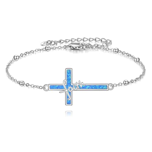 DAYLINLOVE Kreuz Armband 925 Sterling Silber Verstellbares Blauopal Armband Religiöse Armbänder Christlicher Schmuck Geschenke für Frauen von DAYLINLOVE