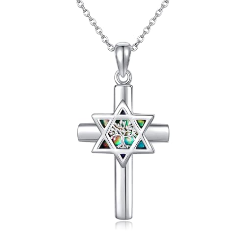 DAYLINLOVE Kreuz Davidstern Halskette S925 Sterling Silber Abalone Muschel Baum des Lebens Halsketten Davidstern Anhänger Christlicher Religiöser Schmuck Geschenke für Frauen Männer Damen von DAYLINLOVE