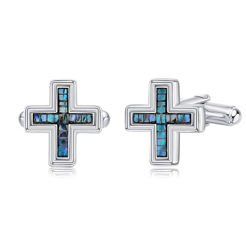 DAYLINLOVE Kreuz Manschettenknöpfe für Männer 925 Sterling Silber Abalone Shell Christian Paar Manschettenknöpfe Business Hochzeit Groomsmen Geschenke Anzug Hemd Zubehör für Männer Vater von DAYLINLOVE