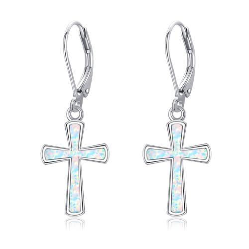 DAYLINLOVE Kreuz Ohrringe 925er Sterlingsilber Opal Kreuz Leverback Ohrringe Hängend Ohrringe Christlicher Religiöser Glaube Kreuz Schmuck Jahrestag Valentinstag Geschenke Damen Mädchen Frauen Mutter von DAYLINLOVE