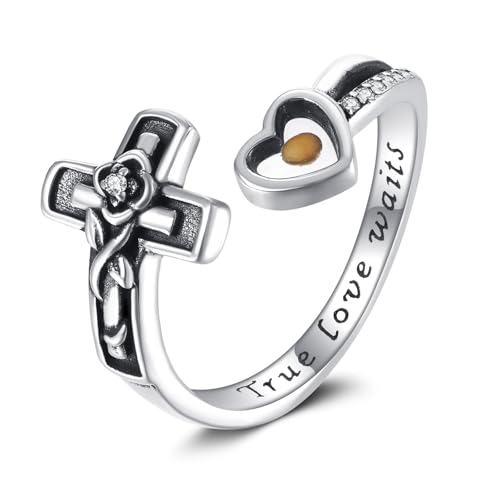 DAYLINLOVE Kreuz Ring 925er Sterling Silber Rosen Senfkörner Einstellbarer Offener Daumen Ring Wahre Liebe Wartet auf Reinheit Christlich Schmuck Geschenke für Damen Mädchen von DAYLINLOVE