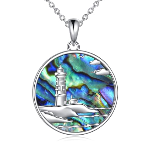 DAYLINLOVE Leuchtturm Halskette 925 Sterling Silber Abalone Muscheln Leuchtturm Herzförmige Hängende Halskette Leuchtturm Schmuck Geschenk für Frauen Mädchen Leuchtturm Liebhaber von DAYLINLOVE