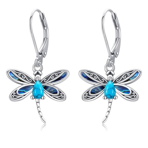 DAYLINLOVE Libelle Ohrringe 925er Sterling Silber Türkisfarbene Abalone Muschel Klappverschluss Hängend Ohrhänge Insekt Schmuckgeschenke für Damen Frauen Mama Oma von DAYLINLOVE