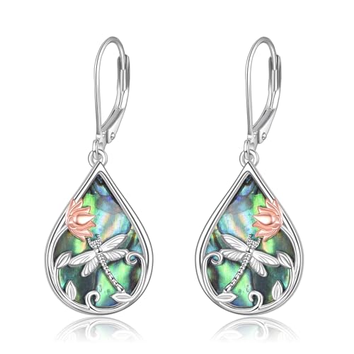 DAYLINLOVE Libellen Ohrringe 925 Sterling Silber Tropfen Abalone Muschel Lotos Hänger Leverback Ohrringe Libellen Schmuck Geschenke für Frauen Mütter Freunde von DAYLINLOVE