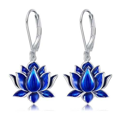 DAYLINLOVE Lotus Ohrringe 925 Sterling Sliver Blau Lotus Blume Dangle Leverback Ohrringe Lotus Blume Schmuck Geschenk Für Frauen von DAYLINLOVE