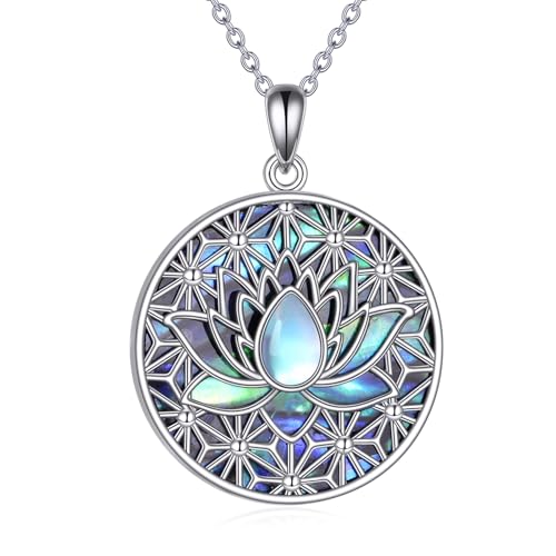 DAYLINLOVE Lotus Halskette 925 Sterling Silber Mondstein Abalone Muscheln Lotus Herzförmige Hängende Halskette Lotus Schmuck Geschenk für Frauen Mädchen Lotus Liebhaber von DAYLINLOVE