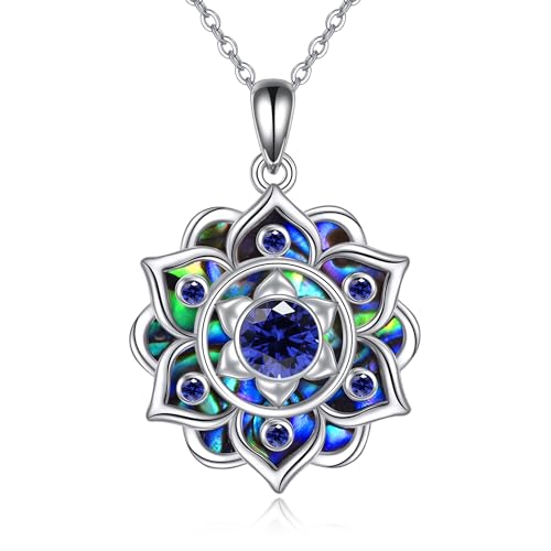 DAYLINLOVE Lotus Kette 925er Sterlingsilber Geburtsstein Abalone Muschel Anhänger Halskette Geburtstags Yoga Lotus Schmuck Geschenke für Damen Frauen Mädchen Mama Großmutter (Sep) von DAYLINLOVE