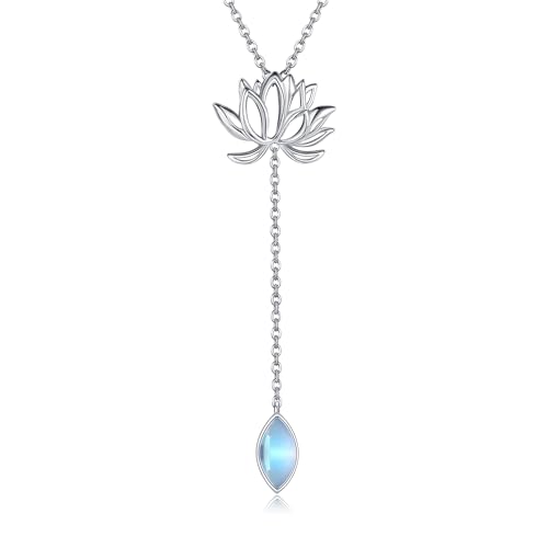 DAYLINLOVE Lotus Kette 925er Sterling Silber Halsmit Anhänger Mondstein Lotus Y Form Blumen Yoga Schmuck Geschenke für Damen Frauen Mädchen Lotusliebhaber von DAYLINLOVE