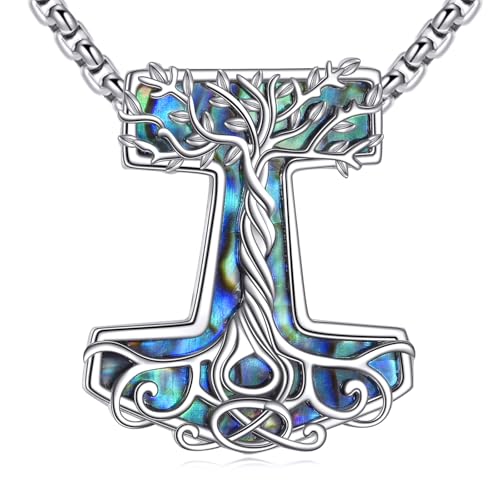 DAYLINLOVE Mjolnir Thors Hammer Kette 925er Sterling Silber Baum des Lebens Abalone Muschel Anhänger Kette Wikinger Nordisch Heidnisch Nordisch Schmuckgeschenke für Damen Männer von DAYLINLOVE