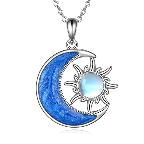 DAYLINLOVE Mond Sonne Kette 925er Sterling Silber Halsmit Mondstein Anhänger Halbmond Sonne Himmlischer Schmuck Geschenke für Damen Frauen Mädchen von DAYLINLOVE