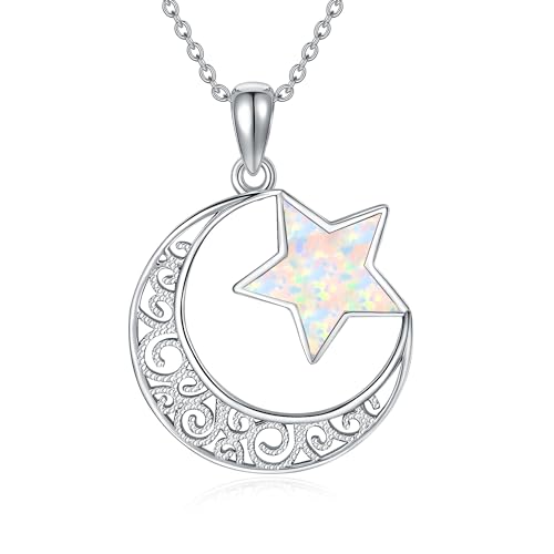 DAYLINLOVE Mond und Stern Halskette 925 Sterling Silber Opal Mond Stern Anhänger Schmuck Geschenke für Frauen von DAYLINLOVE