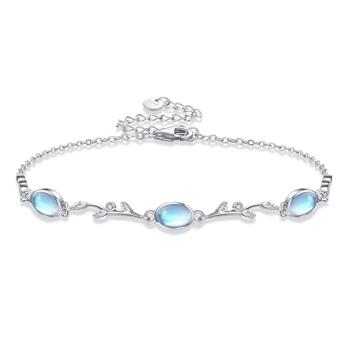 DAYLINLOVE Mondstein Armband 925 Sterling Silber Blatt Armband Baum des Lebens Armbänder Oval Form Mondstein Schmuck Geschenke für Frauen Gilrs Freundin Mom Damen von DAYLINLOVE