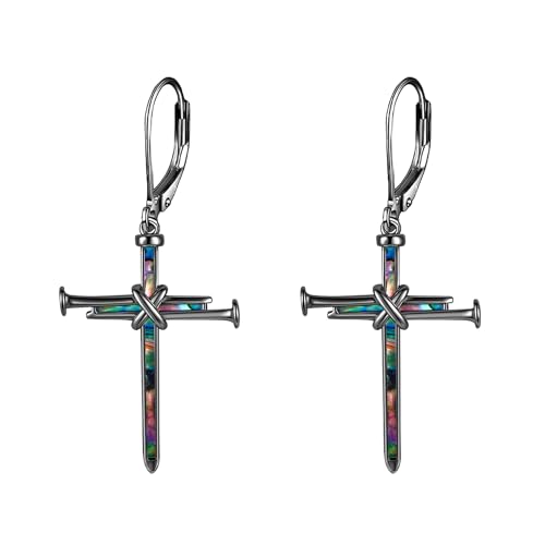 DAYLINLOVE Nagel Kreuz Ohrringe 925er Sterling Silber Schwarzes Kreuz Abalone Muschel Klapphebel Hängend Ohrringe Christlich Religiös Schmuckgeschenke für Damen Männer von DAYLINLOVE