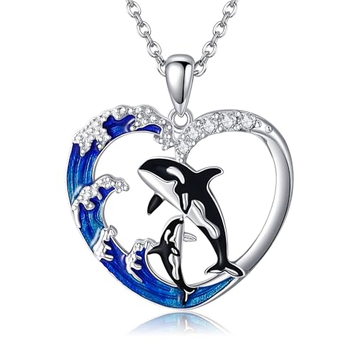 DAYLINLOVE Orca Kette 925er Sterling Silber Orca Killerwal Welle Herzform Anhänger Halskette Mutter Tochter Kette Meerestier Schmuck Geschenk Damen Mädchen Frauen Mutter Unisex Orca Liebhaber von DAYLINLOVE