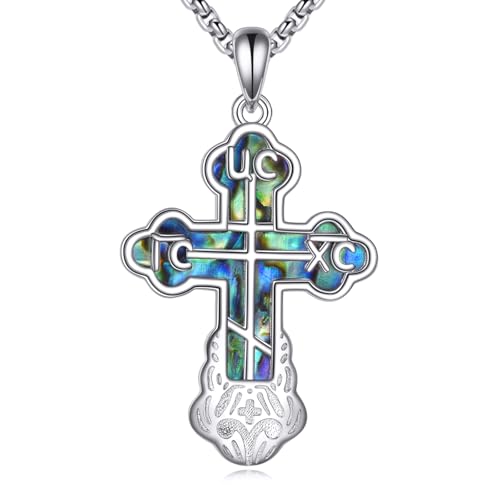 DAYLINLOVE Orthodoxe Kreuz Halskette 925 Sterling Silber Abalone Shell Ostliche Orthodoxe Kreuz Halskette Religiöser Schmuck Geschenke für Männer Frauen von DAYLINLOVE