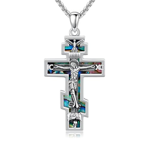 DAYLINLOVE Orthodoxe Kreuz Kette 925 Sterling Silber Kruzifix Abalone Muschel Anhänger Halskette Christliches Religiöses Amulett katholisch Schmuck Geschenk für Damen Herren von DAYLINLOVE