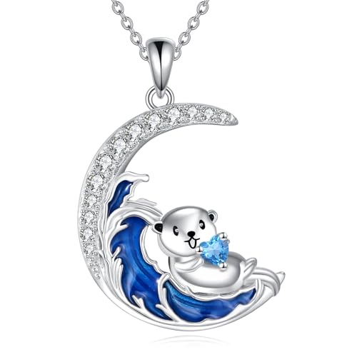 DAYLINLOVE Otter Kette 925er Sterling Silber Seeotter Wellen Mondform Anhänger Halskette Meerestier Schmuck Geschenk Damen Mädchen Frauen Mutter Unisex Otter Liebhaber von DAYLINLOVE