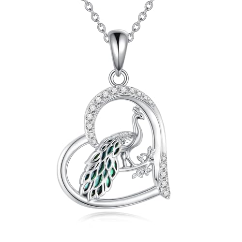 DAYLINLOVE Pfau Geschenk 925 Sterling Silber Abalone Muscheln Pfau Herzförmige Hängende Halskette Pfau Schmuck für Frauen Mädchen Pfau Liebhaber von DAYLINLOVE