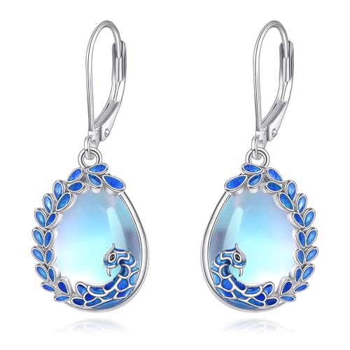 DAYLINLOVE Pfauen Ohrringe 925 Sterling Silber Mondstein Ohrringe Pfauen Mondstein Schmuck Geschenke für Frauen Mutter Freunde Mädchen von DAYLINLOVE