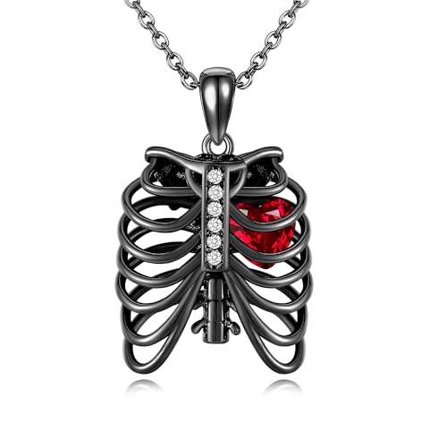 DAYLINLOVE Rib Halskette 925 Sterling Silber Schwarz Rib Anhänger mit rotem Herz Zirkon Halskette Gothic Schmuck Geschenke für Frauen Valentinstag Geburtstag von DAYLINLOVE
