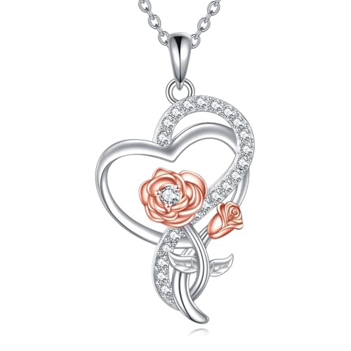 DAYLINLOVE Tulpe Sonnenblumen Rose Lily of the Valley Kette 925 Sterling Silber Blumen Herz Anhänger Halskette Blumen Schmuck Geschenke für Damen Frauen Mädchen Mutter Blume Liebhaber (Rose) von DAYLINLOVE