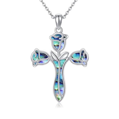 DAYLINLOVE Rose Kreuz Halskette S925 Sterling Silber Abalone-Schale Anhänger Halskette Blume Schmuck Geschenke für Frauen Frau Religiöse Kreuz Geschenke für Geburtstag Jahrestag von DAYLINLOVE