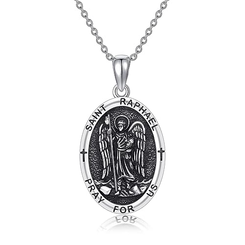 Religion Schmuck 925 Sterling Silber Sankt Raphael/Sankt Brendan/Saint Judas/Sankt Joseph/Betende Hände Medaille Anhänger Kette Schutz Schmuck für Damen Männer Frauen (Heiliger Raphael Kette) von DAYLINLOVE