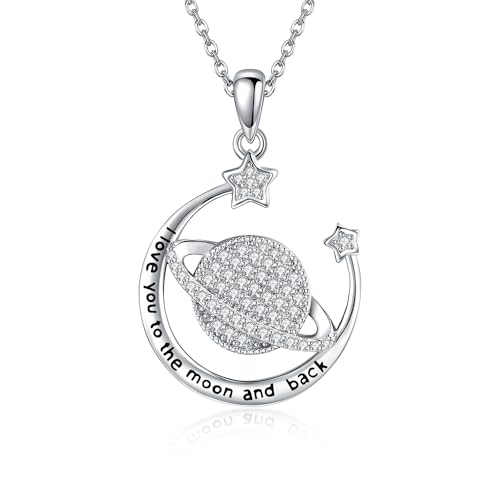 DAYLINLOVE Saturn Kette 925er Sterling Silber Mond und Stern Anhänger Halskette Planet Weltraum Schmuck Geschenk für Damen Mädchen Frauen Mutter Saturn Liebhaber von DAYLINLOVE
