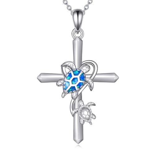 DAYLINLOVE Schildkröten Kreuz Kette 925er Sterling Silber Blaue Opal Meeresschildkröte Anhänger Halskette Ocean Beach Mutter Tochter Schmuckgeschenke für Damen Frauen Mädchen Frauen Mädchen von DAYLINLOVE