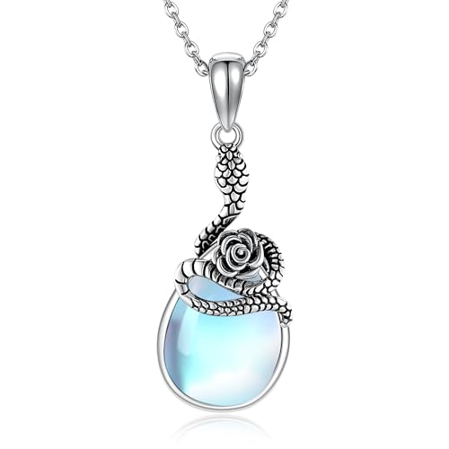 DAYLINLOVE Schlangen Kette 925 Sterling Silber Rosenmondstein Träne Anhänger Halskette Tier Renaissance telalter Schmuck Jahrestag Geschenk Damen Mädchen Frauen Mutter Schlangenliebhaber von DAYLINLOVE