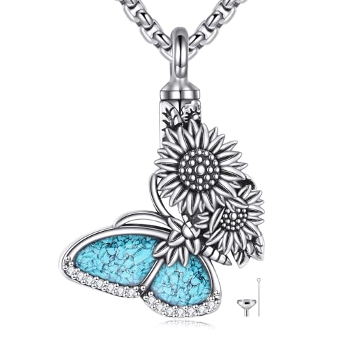 DAYLINLOVE Schmetterlings Urn Kette für Asche 925er Sterling Silber Sonnenblumen Türkis Urn Anhänger Halskette Einäscherung Gedenkstätte Andenken Schmuckgeschenke die Asche Geliebter Menschen Damen von DAYLINLOVE